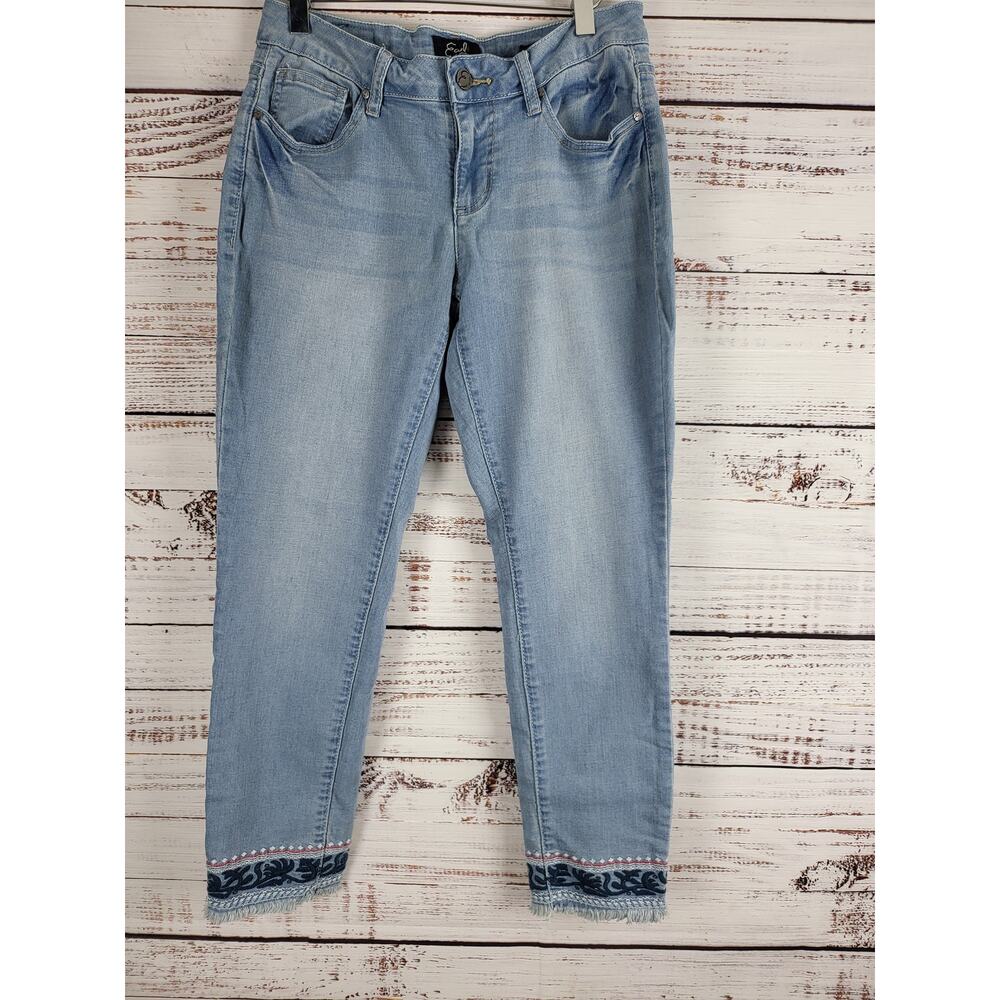 Earl Skinny Ankle Jeans 8 Petite Womens Embroidered Leg Raw Hem Boho Hippie